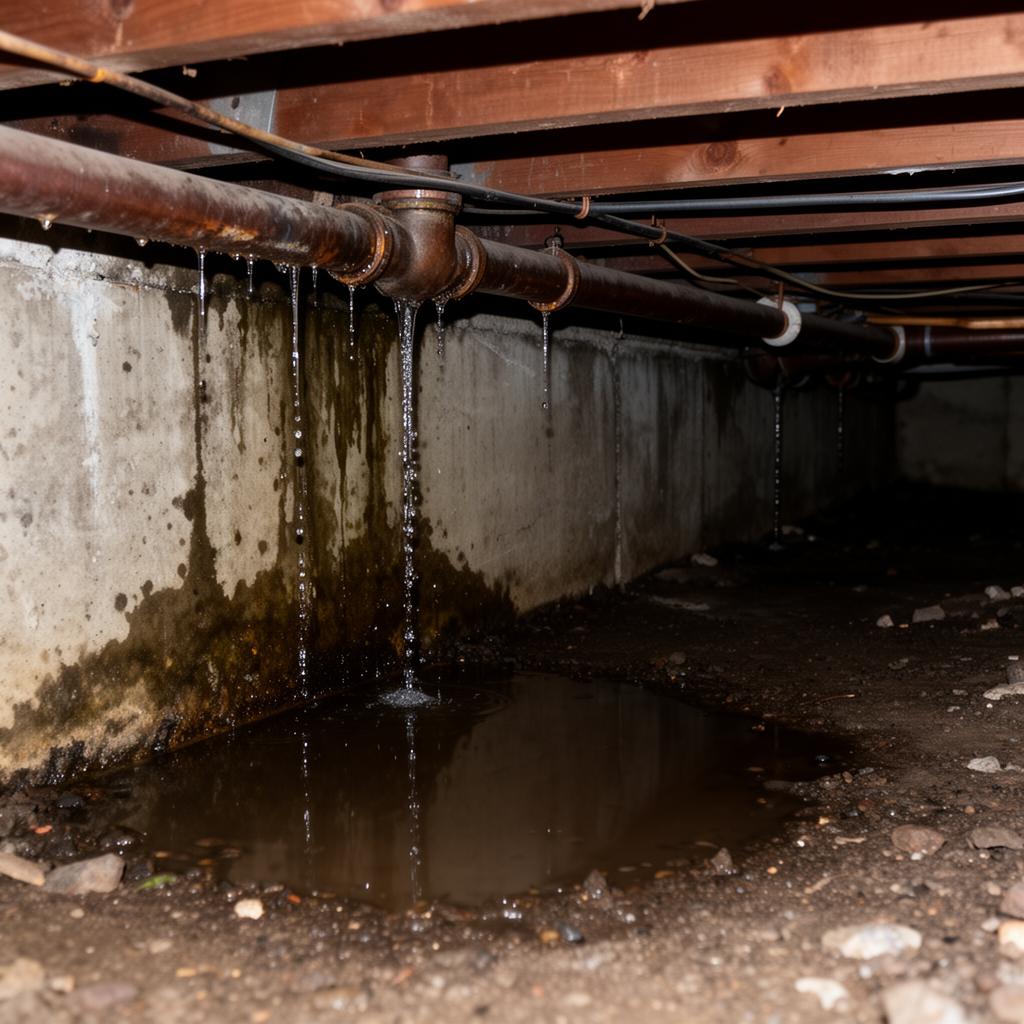 Vide sanitaire humide avec condensation sur les murs, eau stagnante au sol et traces d'humidité sur les fondations
