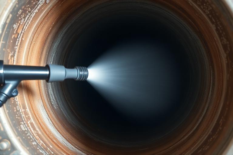 Buse d'hydrocurage haute pression nettoyant l'intérieur d'une canalisation