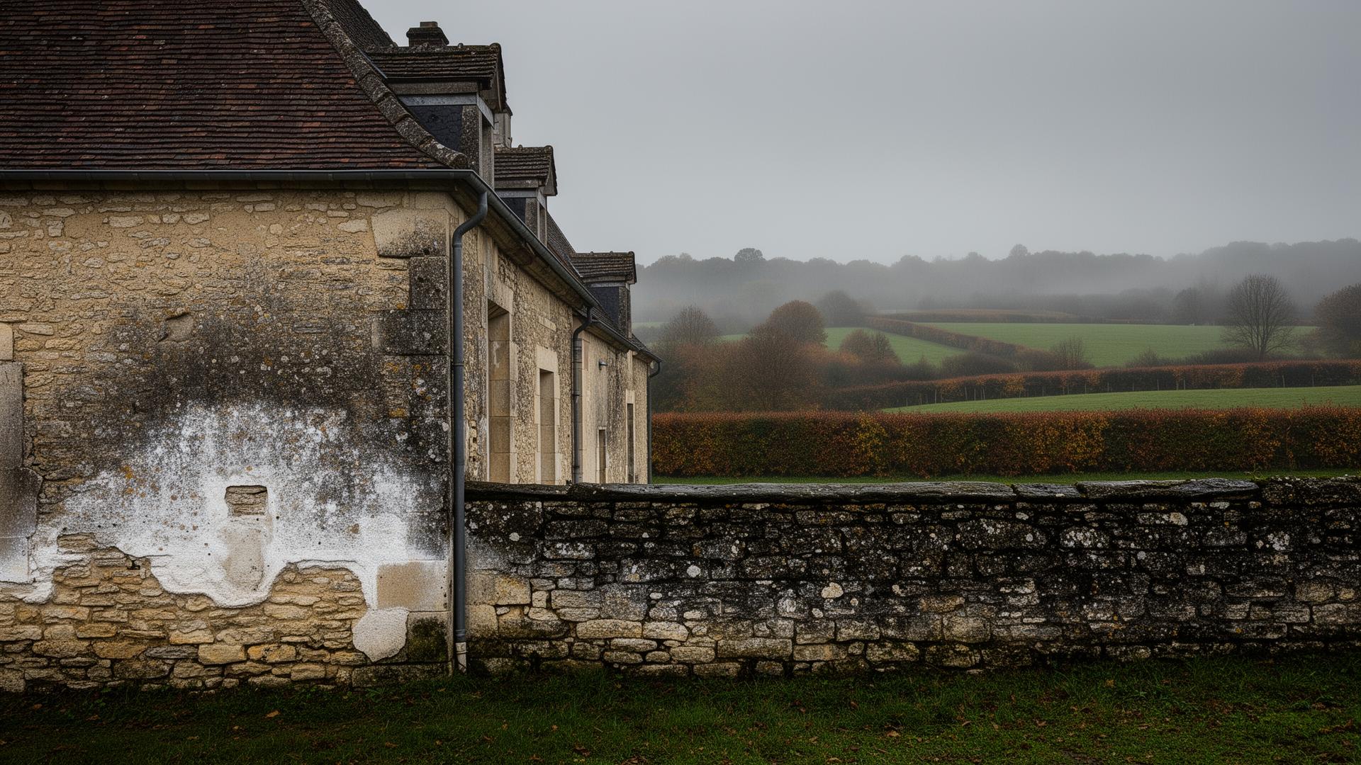 Paysage de l'Indre avec ferme berrichonne traditionnelle en pierre