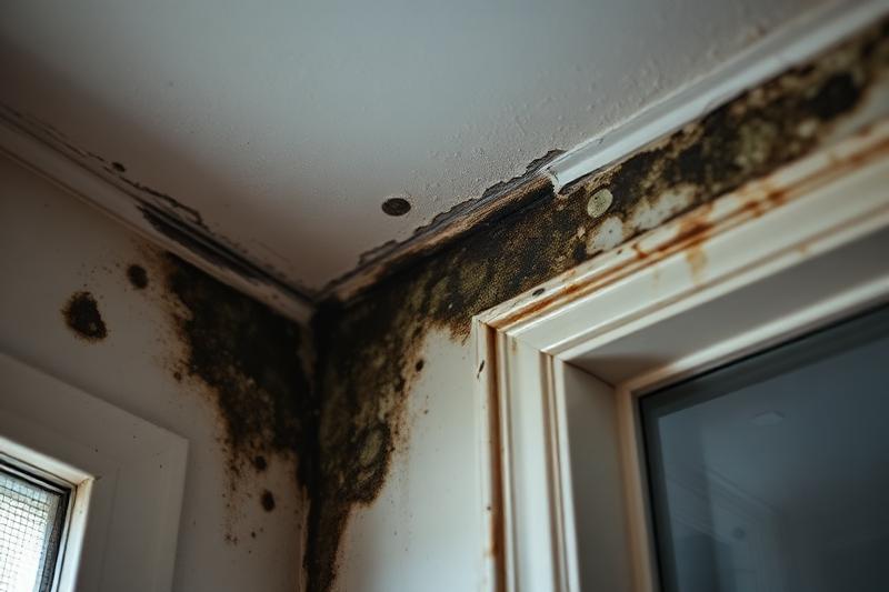 Moisissures dans un angle de salle de bain entre le mur et le plafond, près du cadre de fenêtre