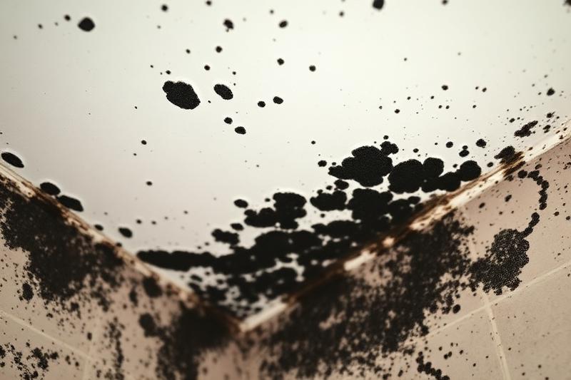 Colonies de moisissures noires de type Aspergillus sur plafond de salle de bain, développement fongique sur surface humide