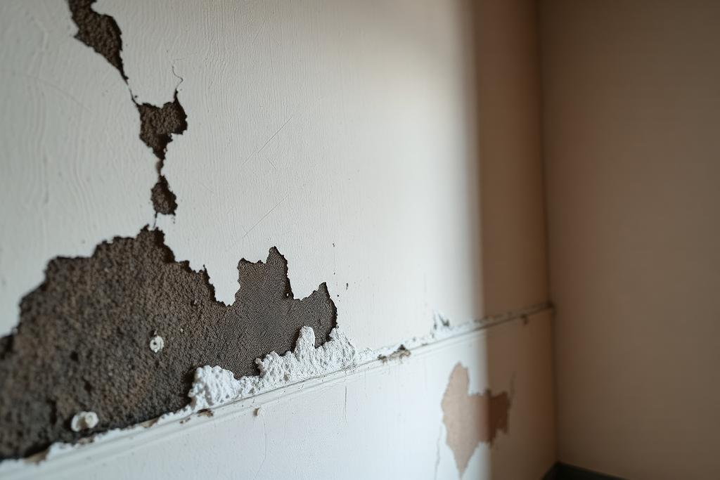 Mur intérieur avec moisissures noires et salpêtre blanc en partie basse, symptômes d'humidité dans un logement