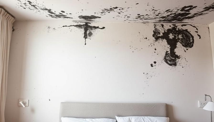 Mur de chambre avec moisissures noires près du plafond, source d'odeur d'humidité