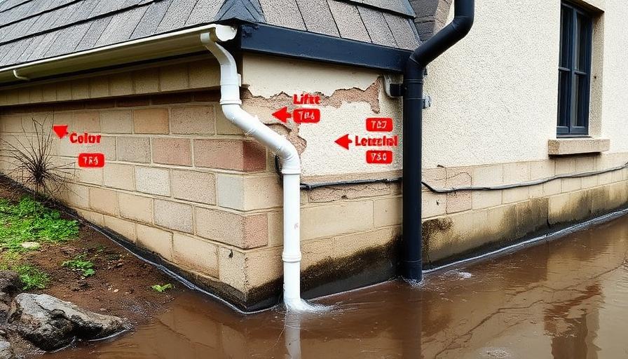 Vue extérieure d'une maison avec un défaut de drainage au pied du mur : gouttière qui déborde et eau stagnante