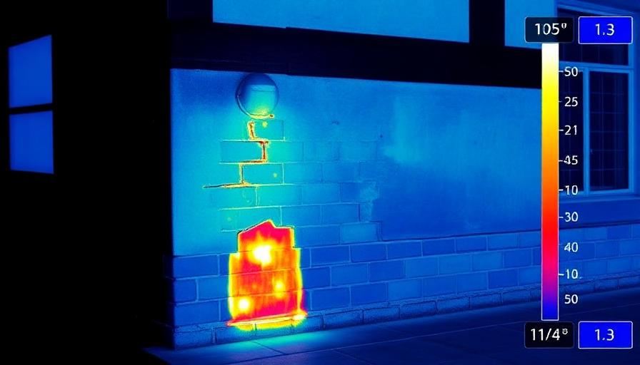 Image thermographique montrant une zone froide au bas d'un mur extérieur, révélant une infiltration d'humidité