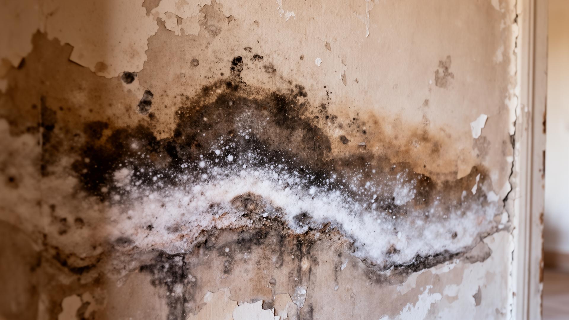 Mur humide présentant des traces d'humidité, salpêtre et dégradation