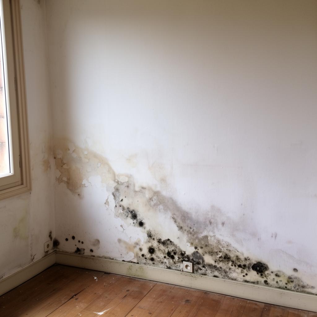 Mur intérieur humide présentant des traces de moisissures et peinture écaillée