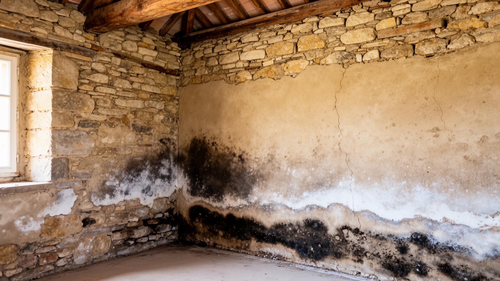Mur en pierre d'une maison ancienne avec traces d'humidité, salpêtre et enduit dégradé