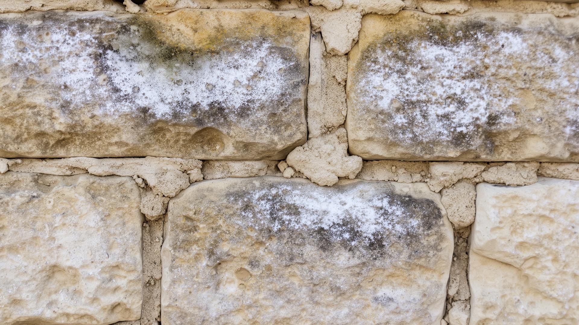 Mur en pierre calcaire avec traces d'humidité, salpêtre et joints de chaux dégradés