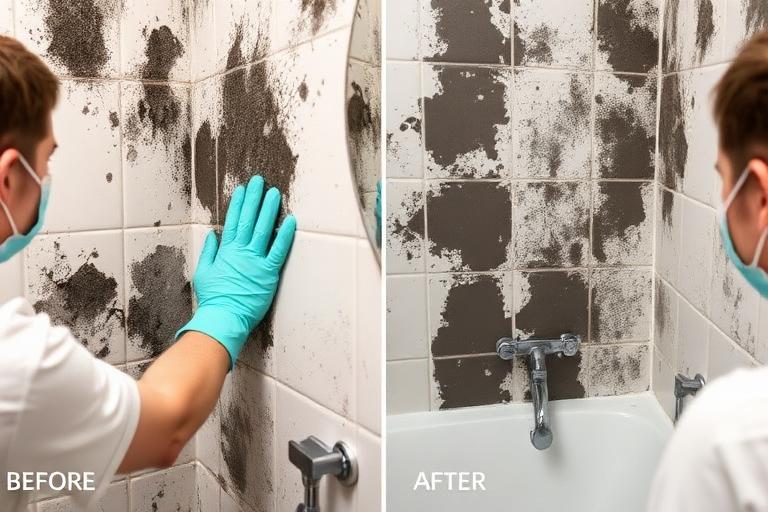 Nettoyage de moisissures noires sur un mur de salle de bain avec gants et masque de protection