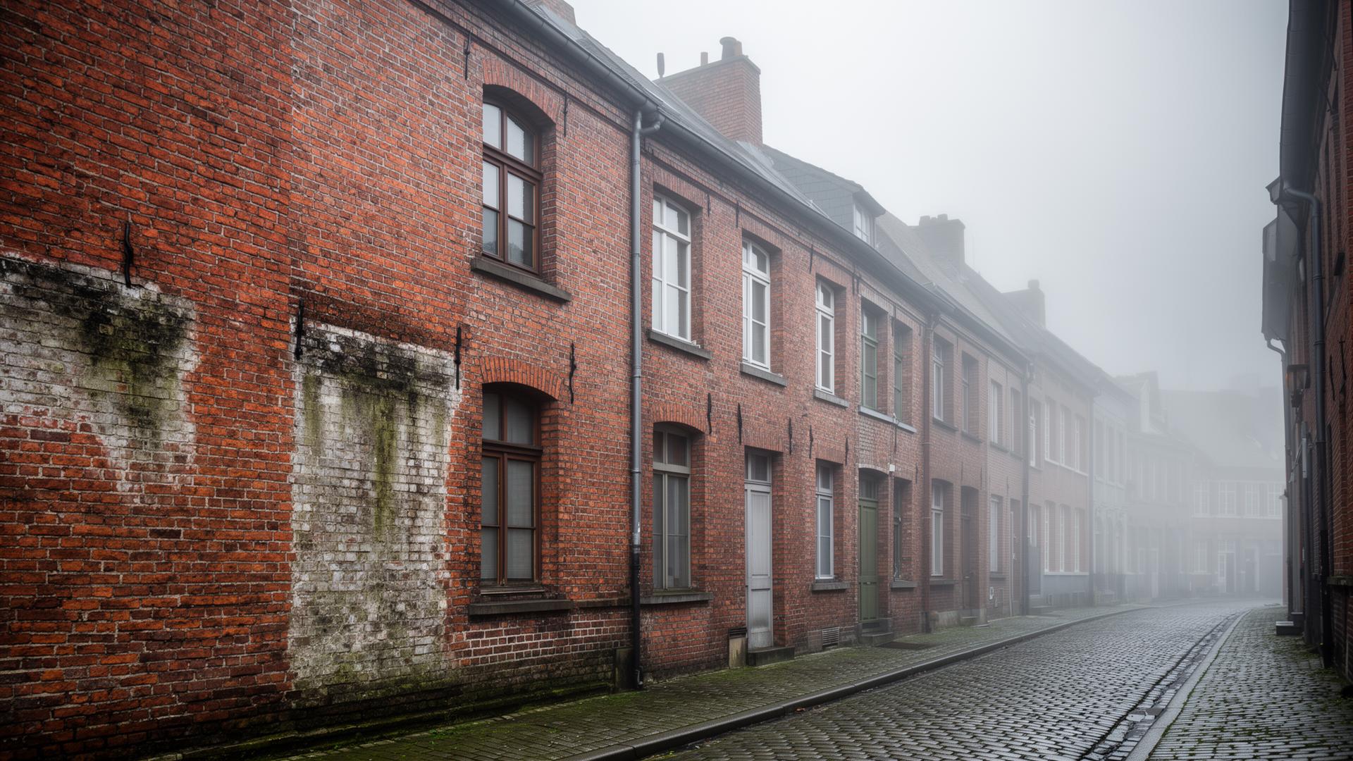 Maisons en briques typiques du Nord de la France avec façades humides