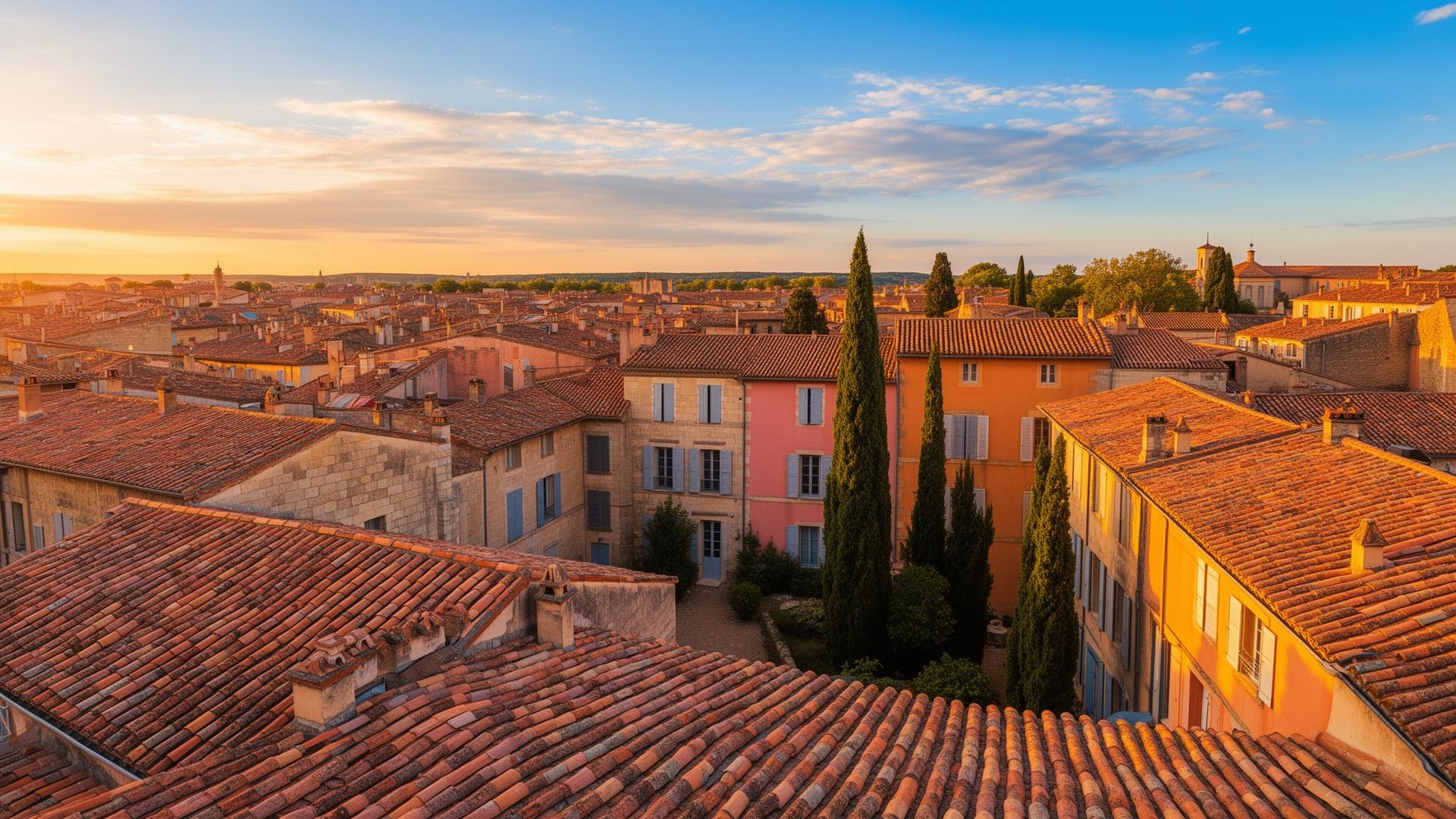 Toits en tuiles terracotta d'Occitanie au coucher du soleil