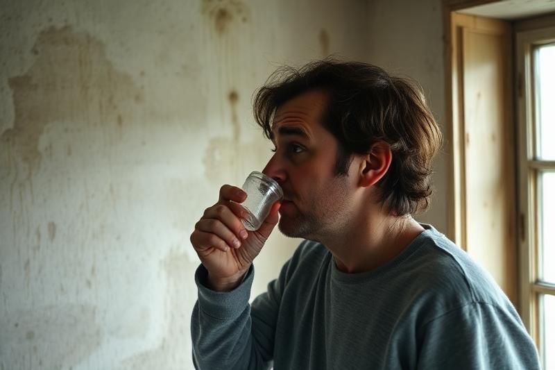 Personne constatant une odeur d'humidité dans une pièce aux murs tachés par l'humidité