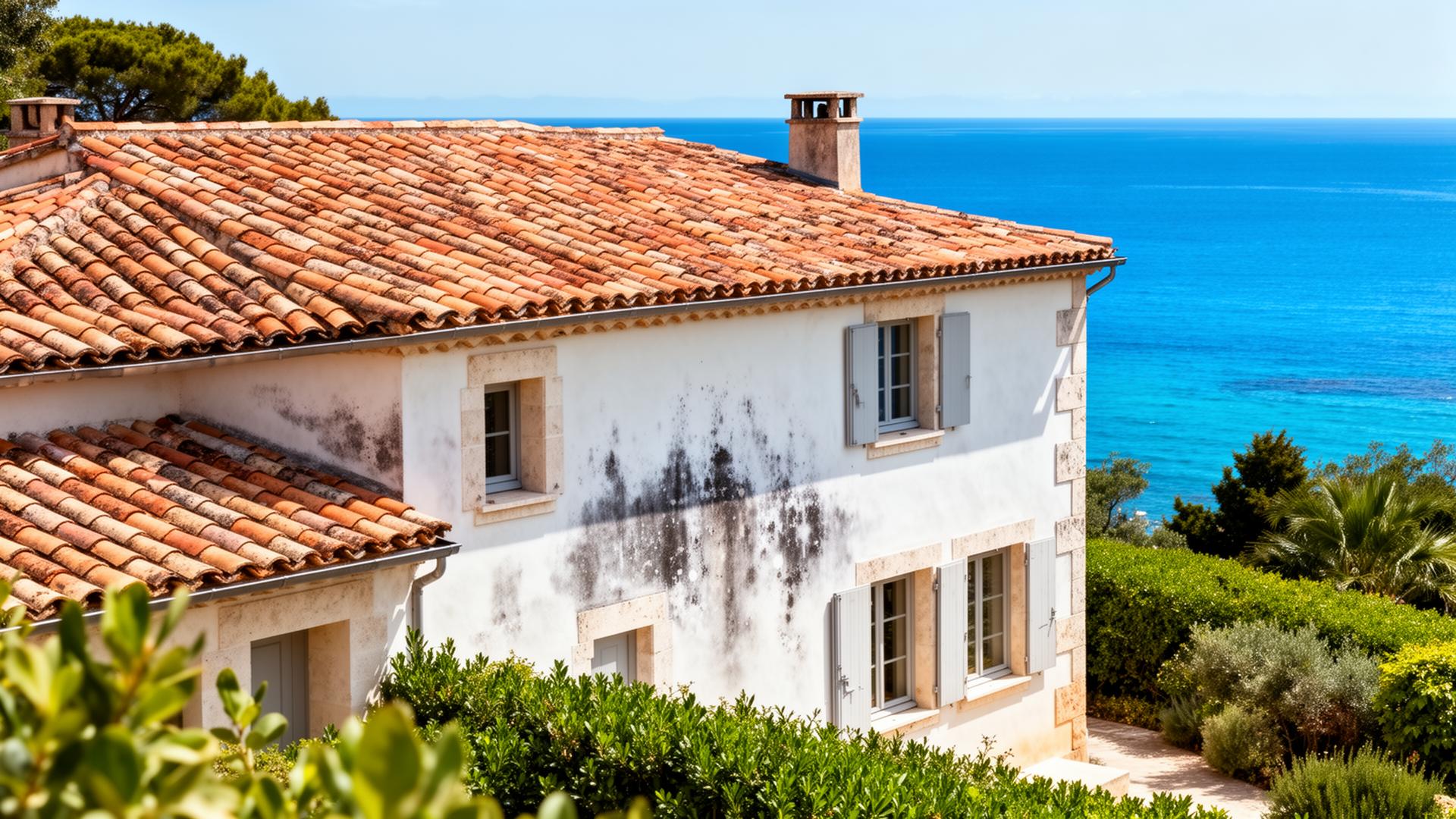 Villa provençale avec vue sur la Méditerranée et traces d'humidité sur façade
