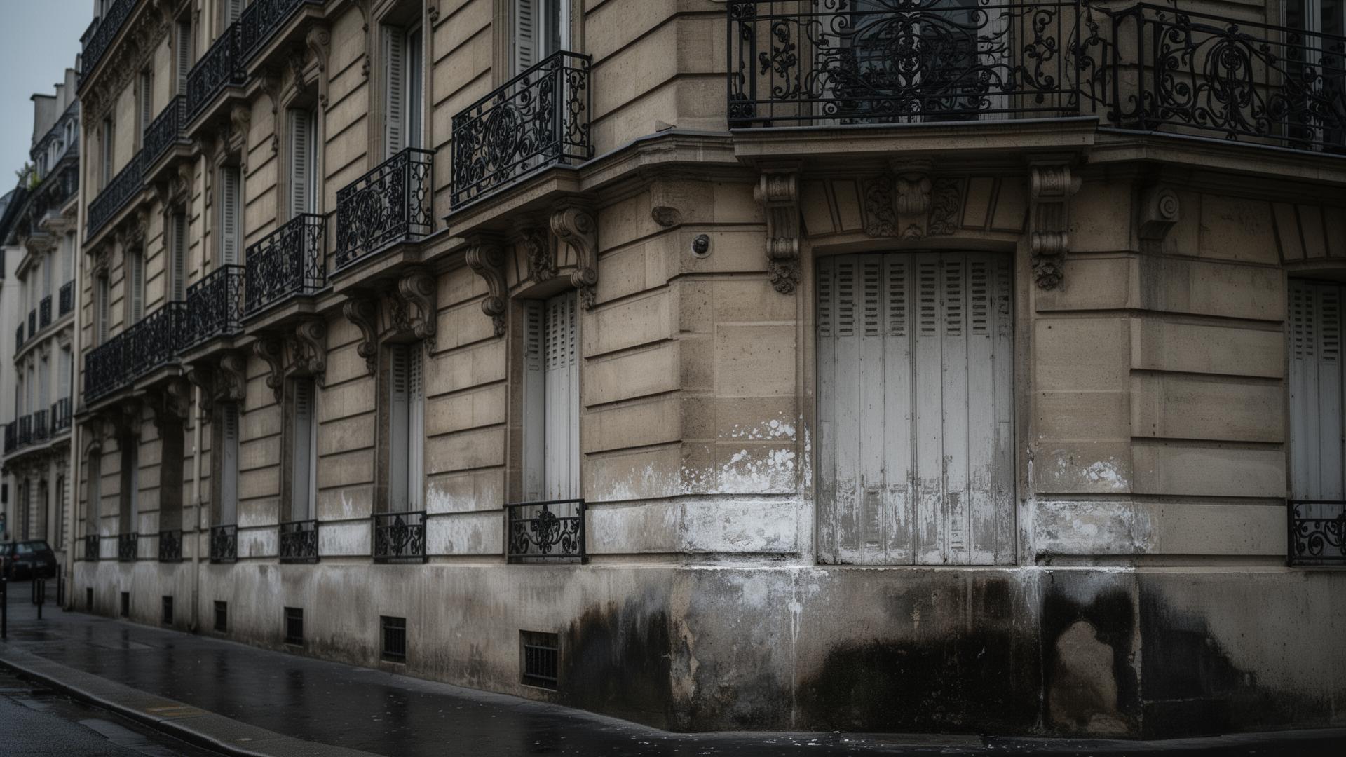 Façade d'immeuble haussmannien parisien avec traces d'humidité