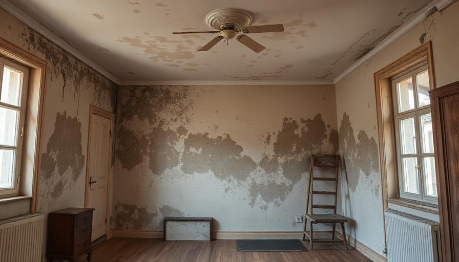 Pièce avec moisissures visibles sur les murs et le plafond