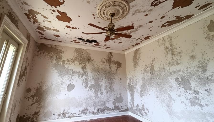 Pièce de logement avec moisissures étendues sur les murs et le plafond