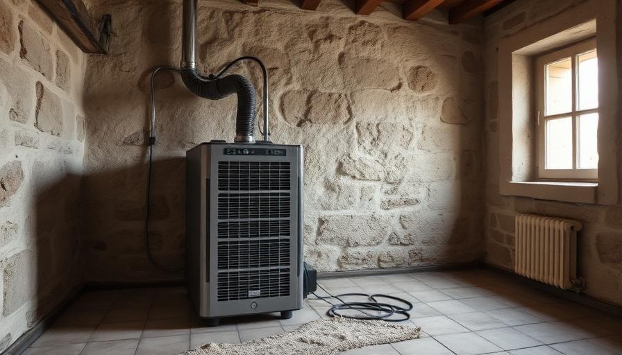 Déshumidificateur professionnel en fonctionnement dans une pièce avec murs en pierre pendant la phase d'assèchement
