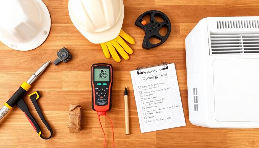 Outils de diagnostic humidité disposés sur une table : hygromètre, gants, checklist, déshumidificateur