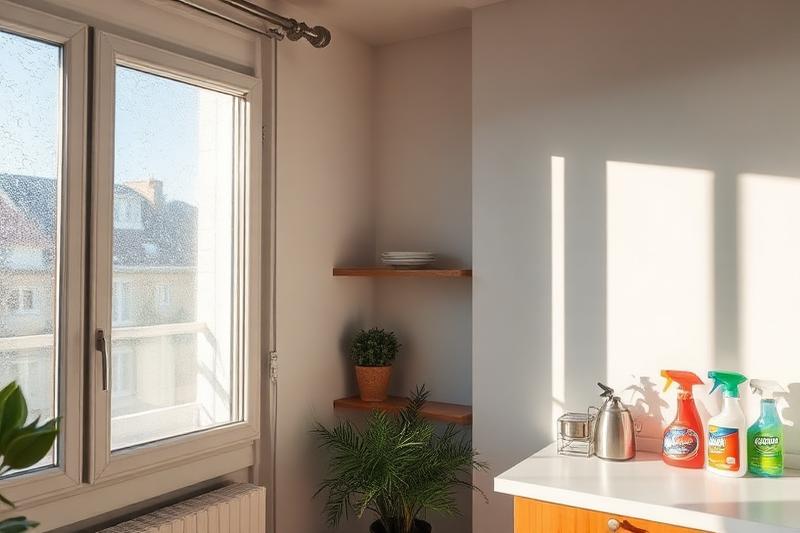 Intérieur de logement montrant les sources de pollution de l'air : produits ménagers, condensation sur les fenêtres