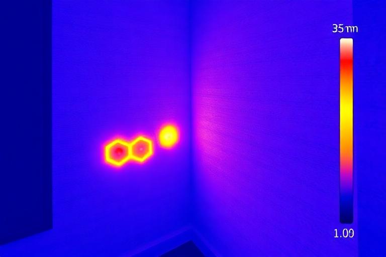 Thermographie infrarouge d'un angle de mur montrant un pont thermique froid en bleu où le point de rosée est atteint