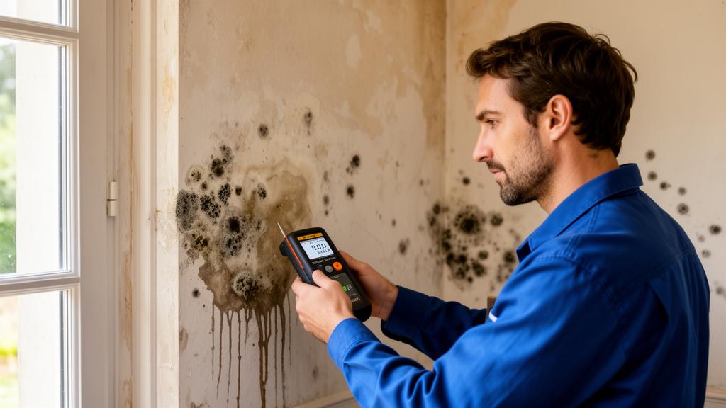 Expert utilisant un hygromètre numérique pour diagnostiquer un problème d'humidité sur un mur avec moisissures dans un logement français
