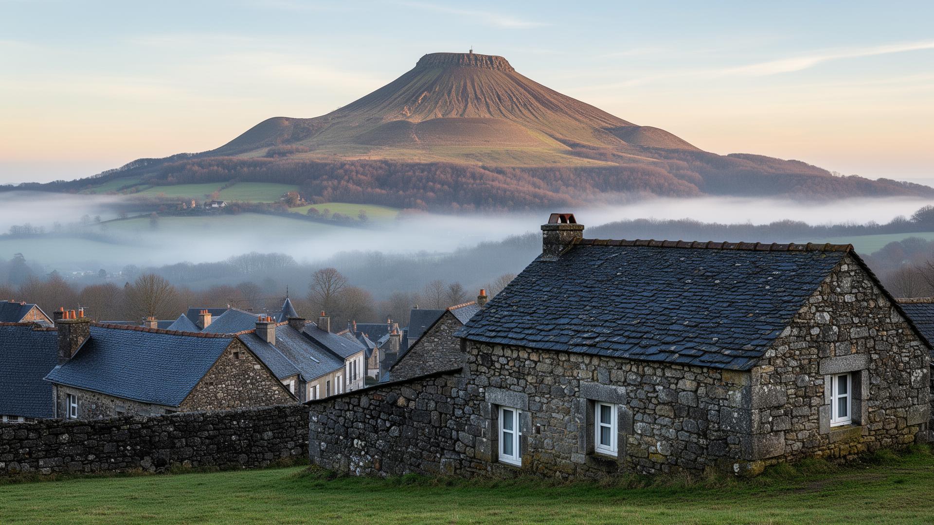 Paysage volcanique du Puy-de-Dôme avec maisons traditionnelles en pierre de Volvic et brume matinale