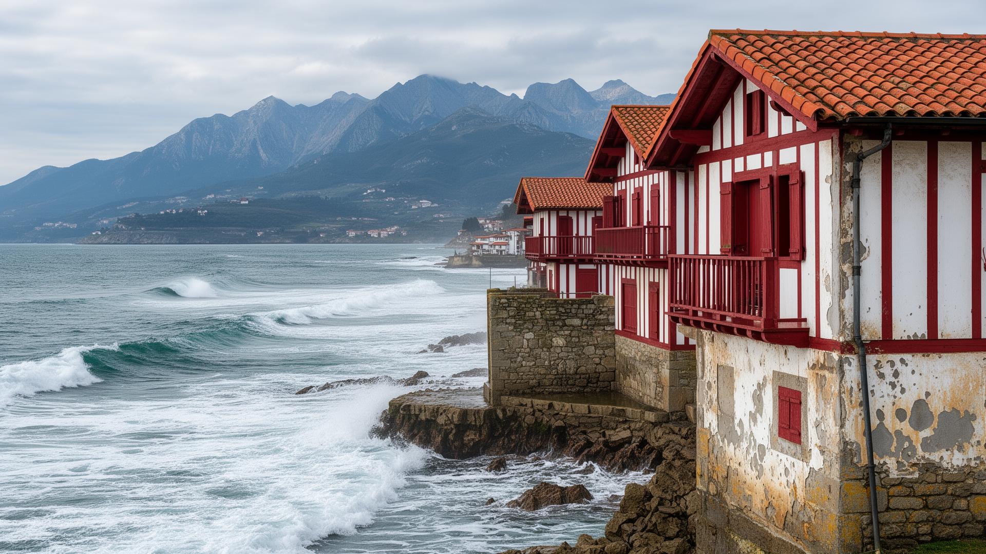 Maisons basques traditionnelles face à l'océan Atlantique avec les Pyrénées en arrière-plan