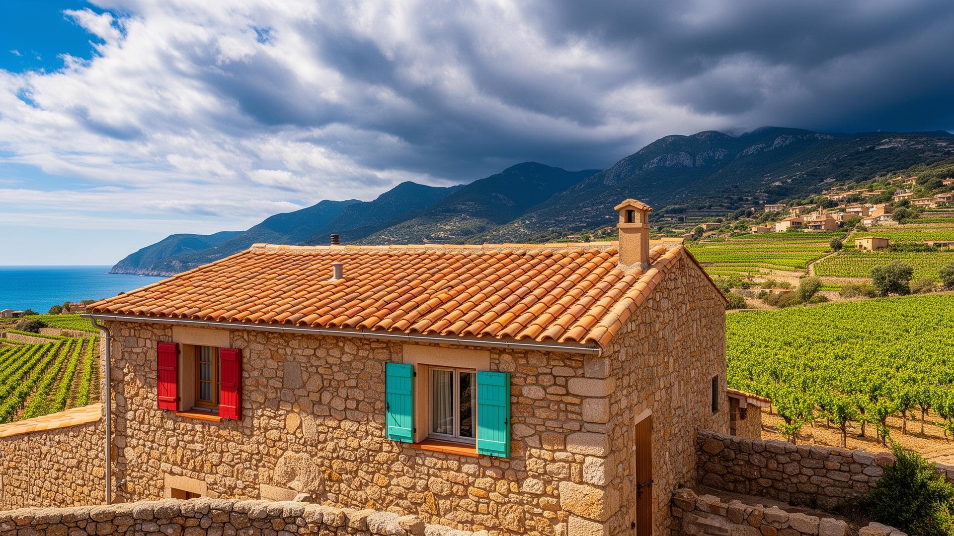 Mas catalan en pierre avec vue sur la Méditerranée et les Pyrénées