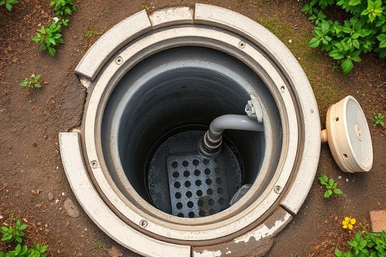 Regard de canalisation en béton ouvert avec vue sur les raccordements de canalisations