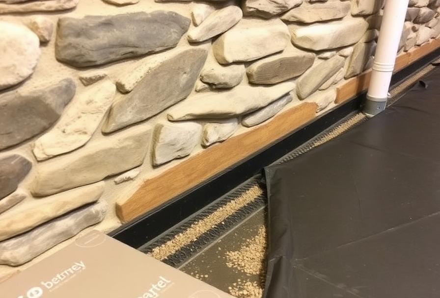 Installation d'un système de drainage intérieur au pied d'un mur de cave en pierre, avec canal drainant et membrane