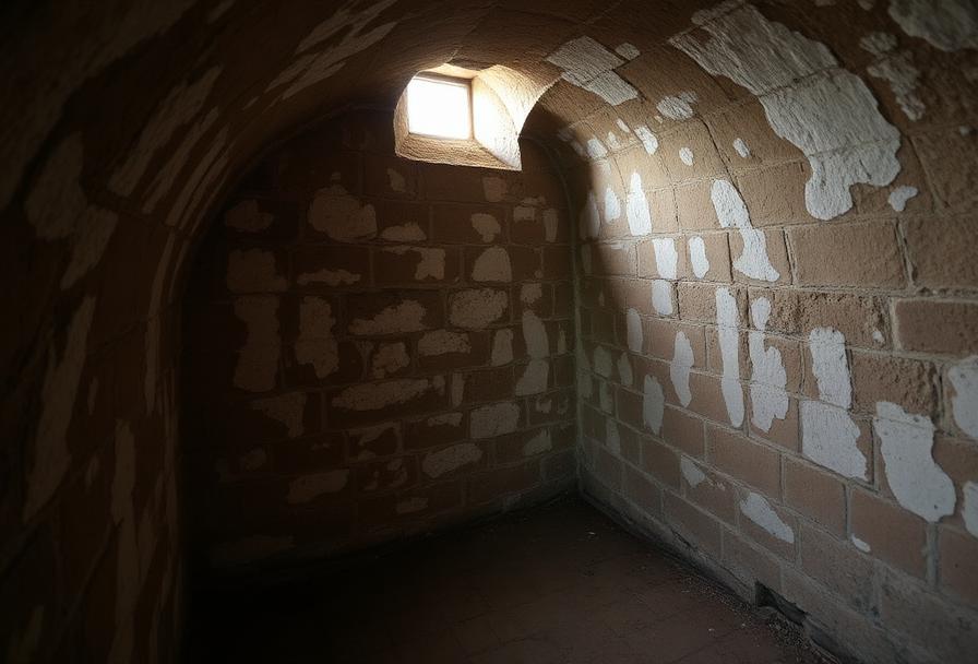 Cave enterrée en pierre avec efflorescences de salpêtre visibles sur les murs, éclairée par un soupirail