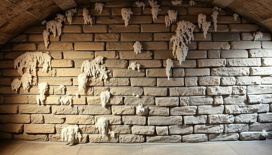 Mur de cave avec cristaux de salpêtre blanc sur briques, signe d'humidité ascensionnelle