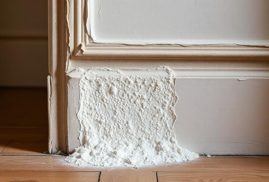 Cristaux de salpêtre visibles sur un mur intérieur en partie basse, avec dégradation de l'enduit et de la peinture