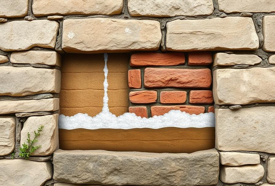 Coupe schématique montrant les remontées capillaires dans un mur ancien avec cristallisation de sels en surface