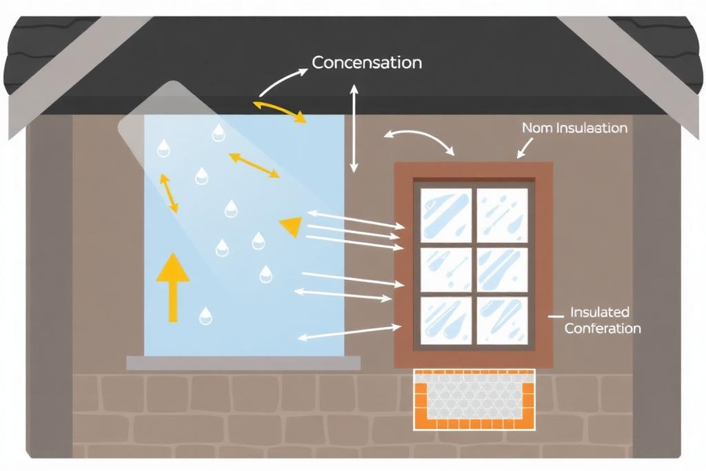 Schéma pédagogique illustrant le mécanisme de condensation dans une maison : air chaud chargé de vapeur rencontrant une paroi froide non isolée