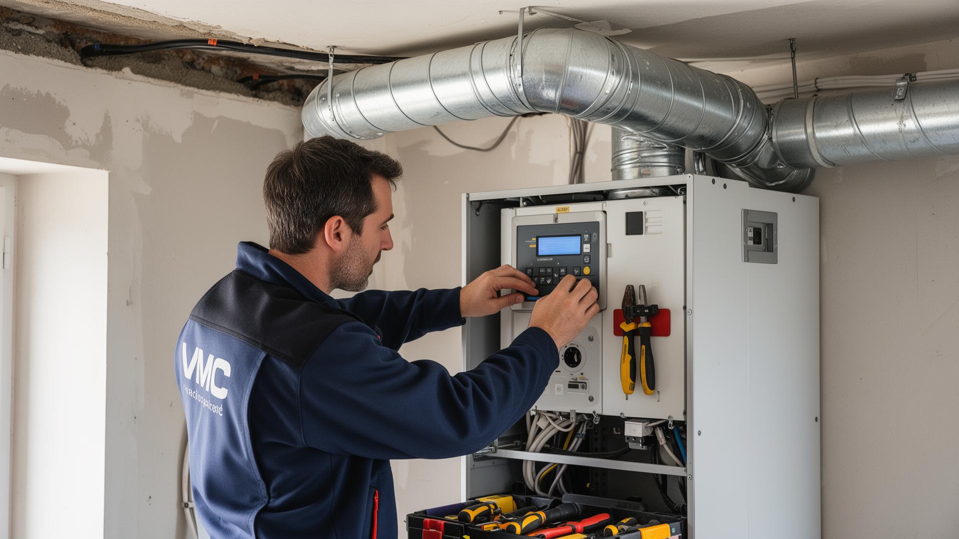 Technicien installant un système de ventilation pour traiter l'humidité
