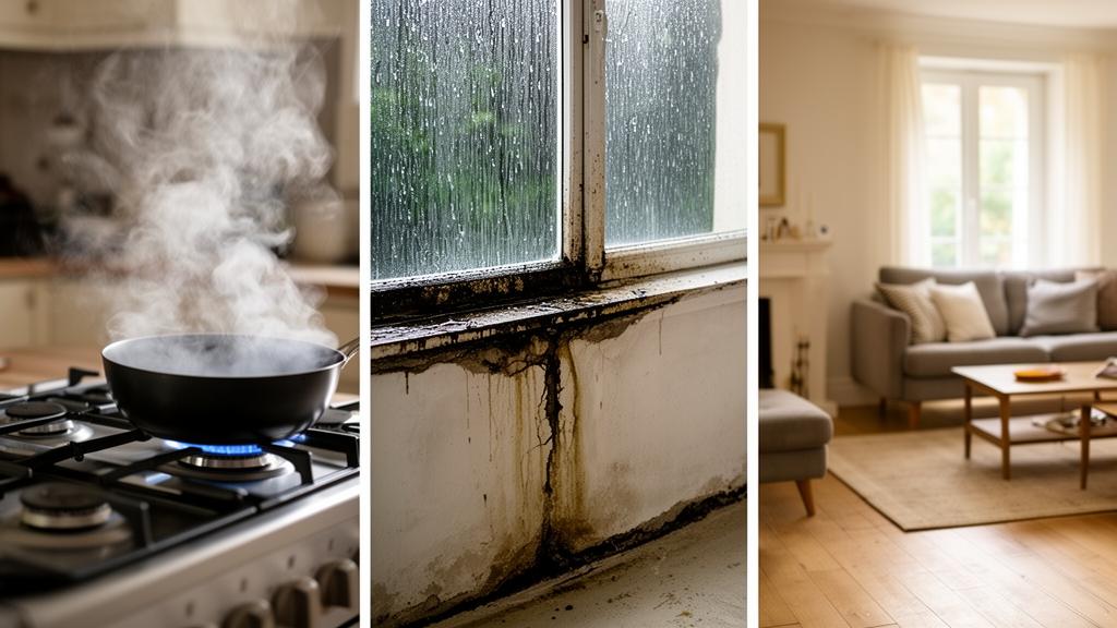Les différentes sources d'humidité dans une maison : vapeur de cuisine, infiltration par fenêtre, et condensation