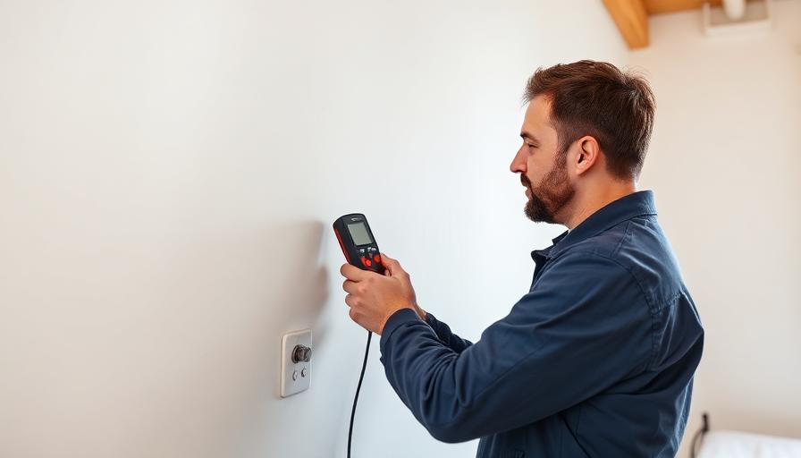 Technicien utilisant un humidimètre professionnel sur un mur de chambre pour diagnostiquer l'origine de l'humidité