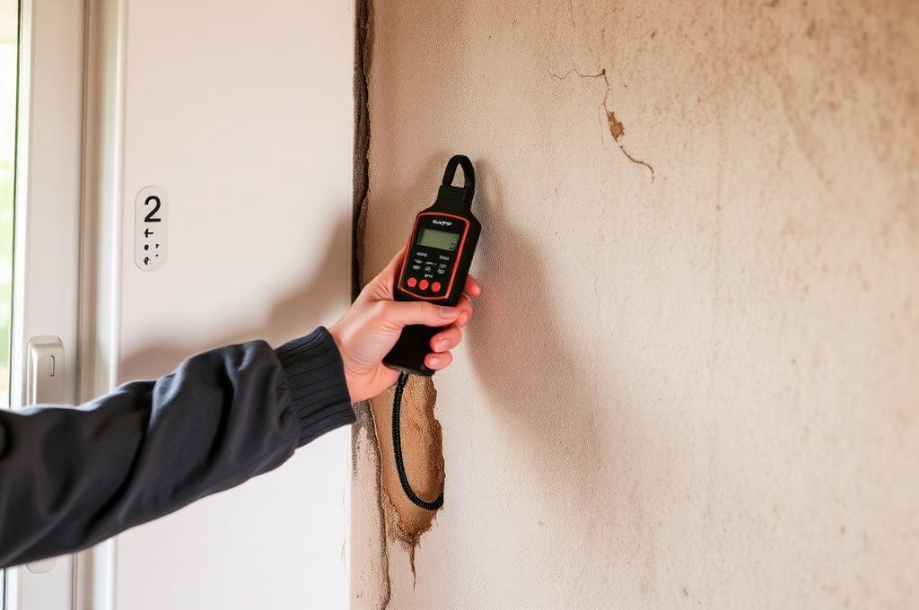Technicien effectuant un diagnostic humidité sur un mur moisissures avec hygromètre professionnel