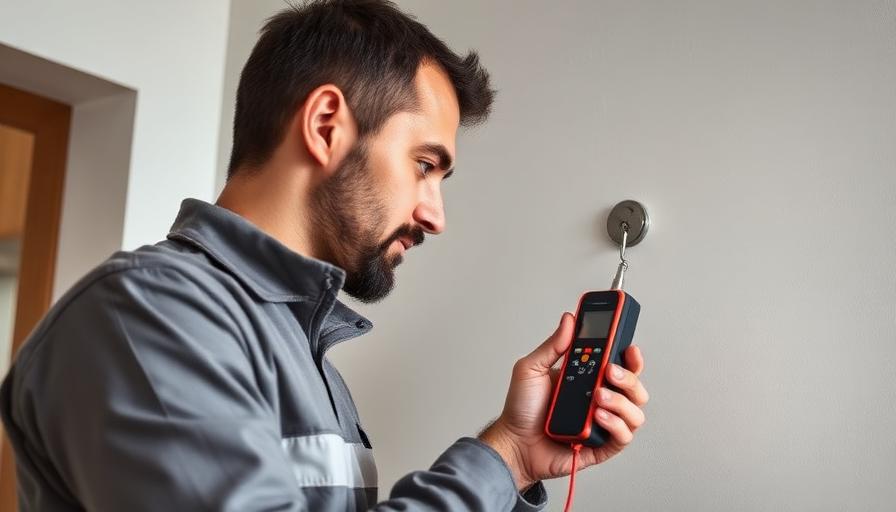 Technicien utilisant un appareil de mesure d'humidité sur un mur pour diagnostiquer l'origine de l'odeur de renfermé