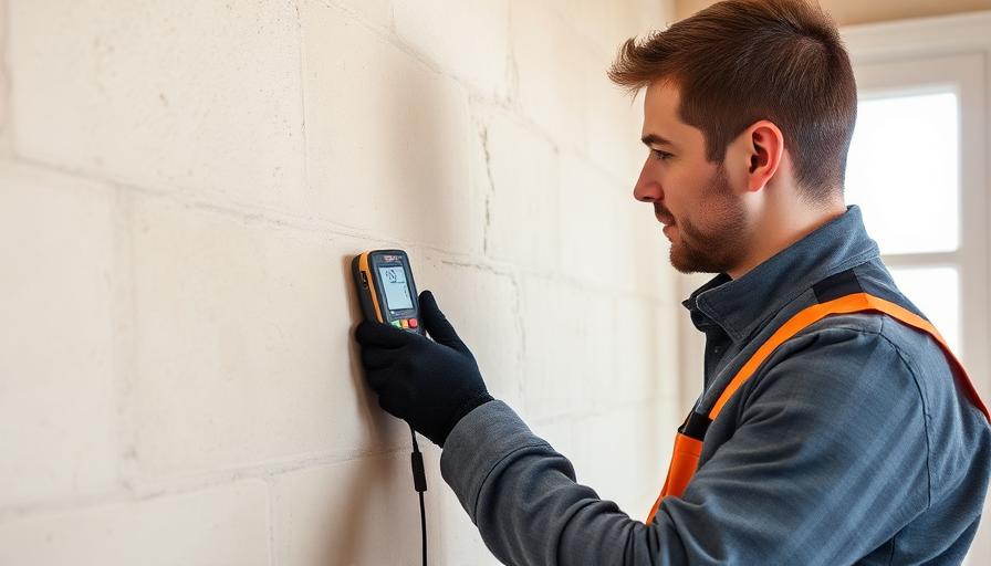 Technicien utilisant un appareil de mesure d'humidité sur un mur après un dégât des eaux