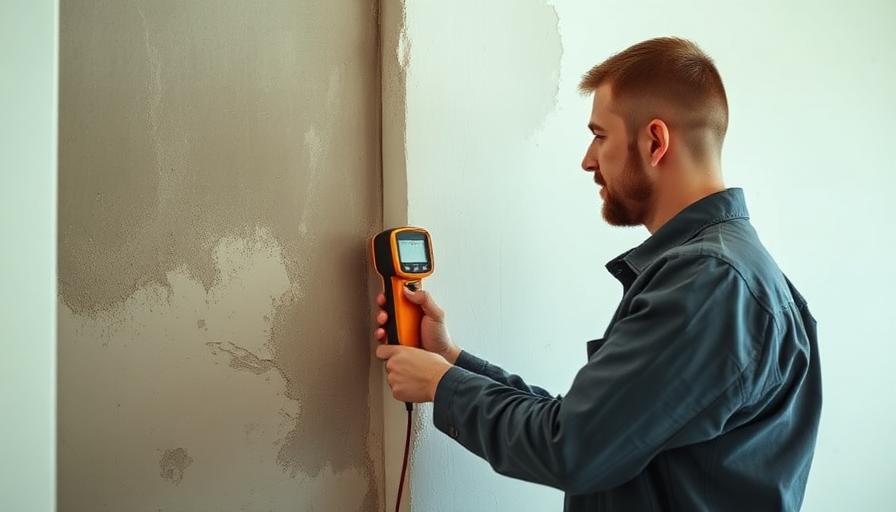 Technicien utilisant un appareil de mesure d'humidité sur un mur après une fuite