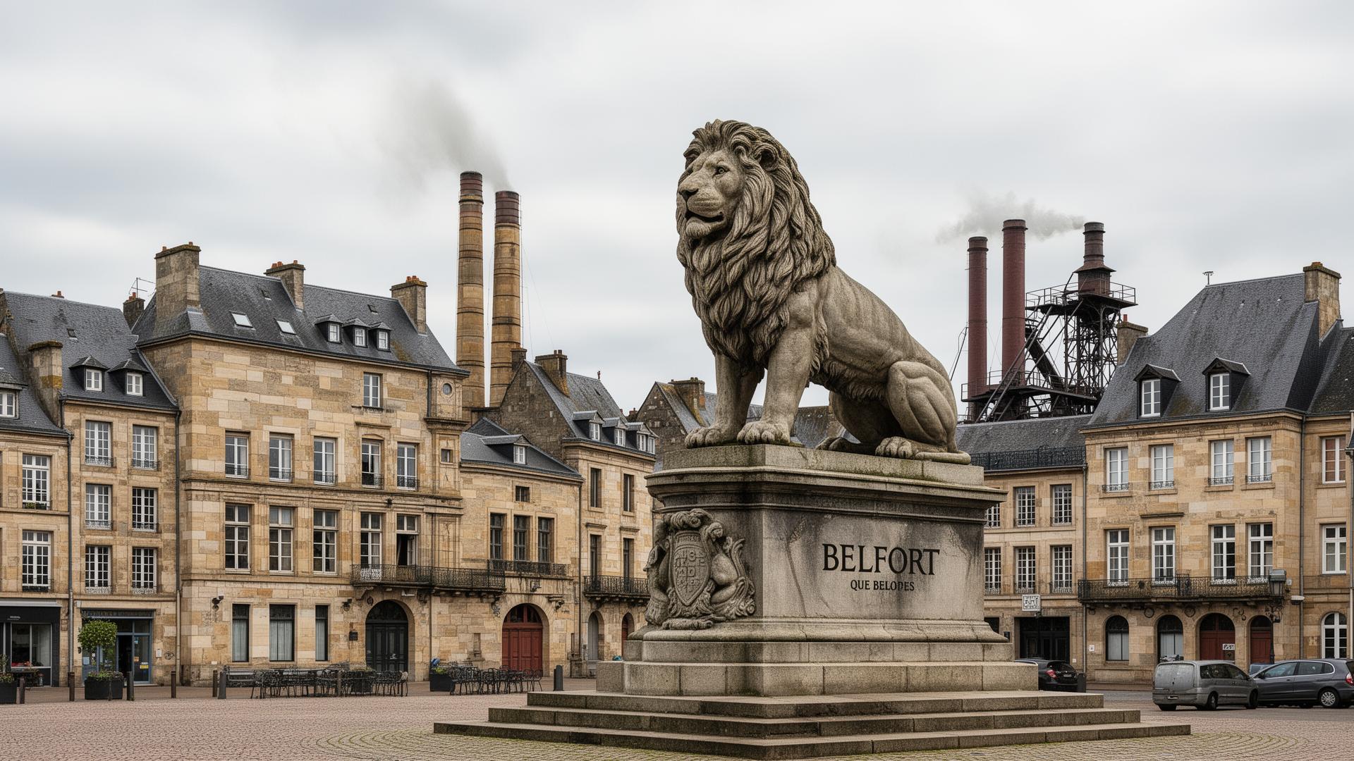 Belfort et son Lion avec immeubles collectifs en arrière-plan