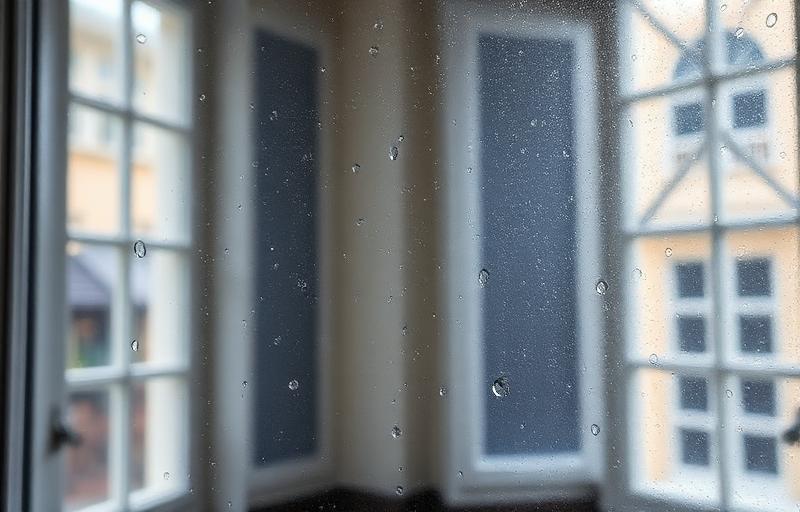 Condensation visible sur une fenêtre avec gouttelettes d'eau, signe d'un problème d'humidité dans la maison