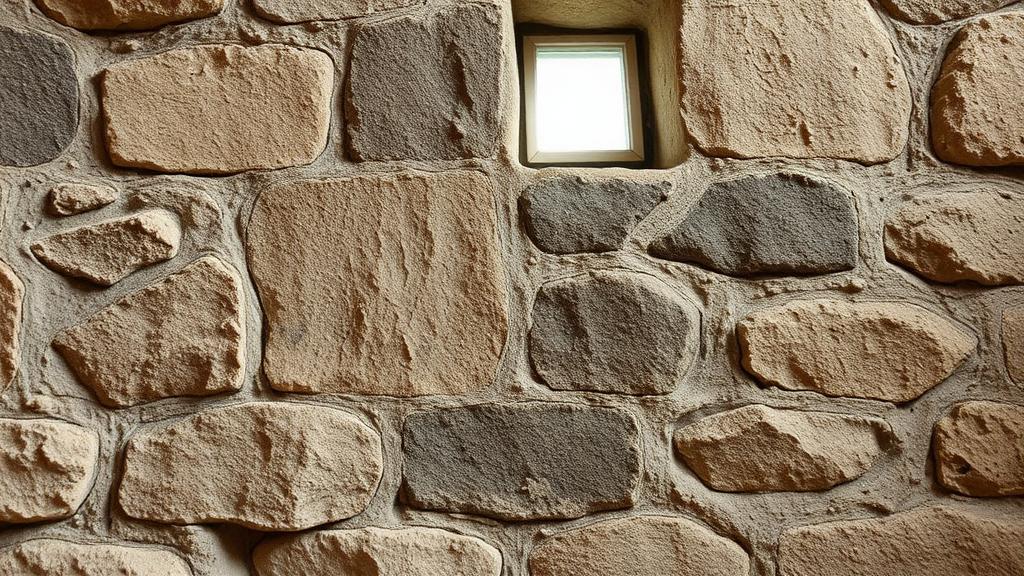 Mur en pierre d'une maison ancienne présentant des traces d'humidité et de salpêtre