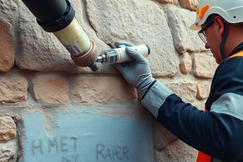 Technicien traitant les remontées capillaires par injection de résine dans un mur en pierre