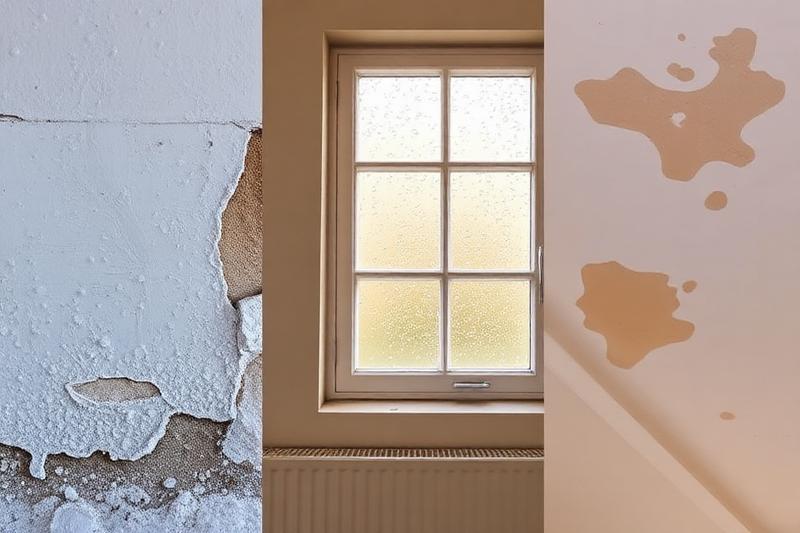 Trois types d'humidité côte à côte : remontées capillaires avec sels en pied de mur, condensation sur fenêtre, infiltration au plafond
