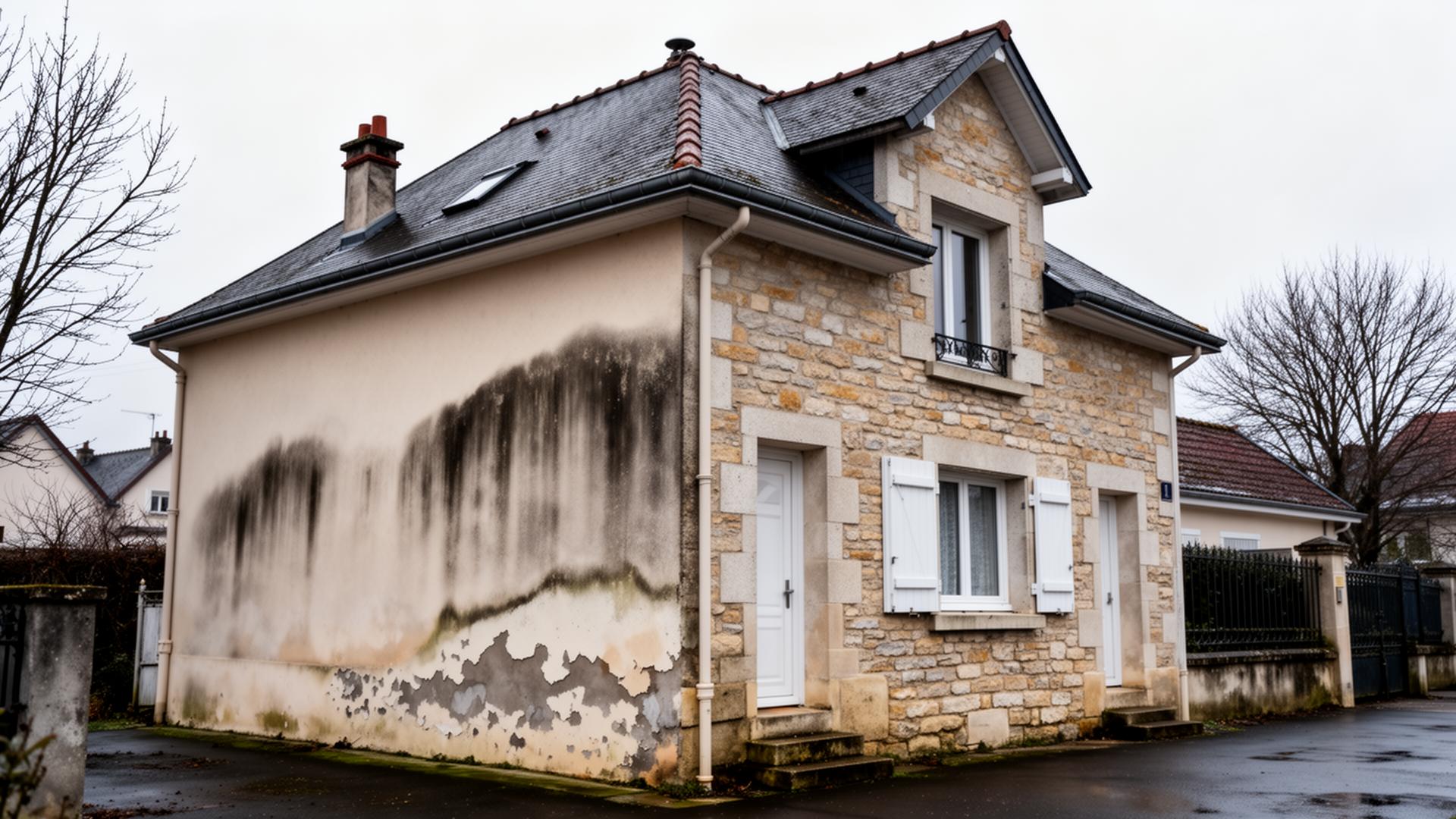 Maison traditionnelle dans le Val-d'Oise avec signes d'humidité visibles sur les murs