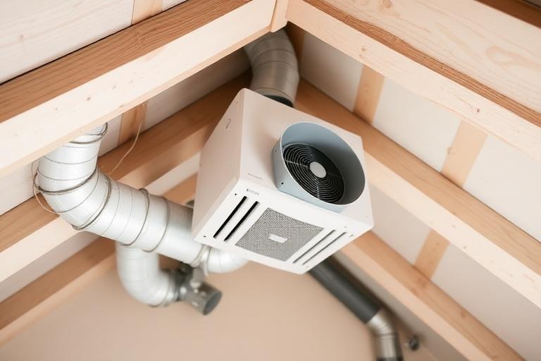 Caisson de VMC installé dans les combles d'une maison avec réseau de gaines d'extraction